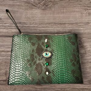 Green Snakeskin Clutch with Eye Embellishment
